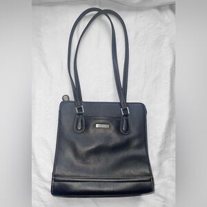 Liz Claiborne Black Leather Tote Red Interior Structured Work Bag - Like New